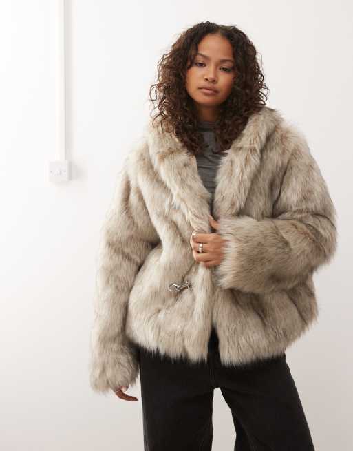 The Ragged Priest faux fur coat with hood in sand | ASOS