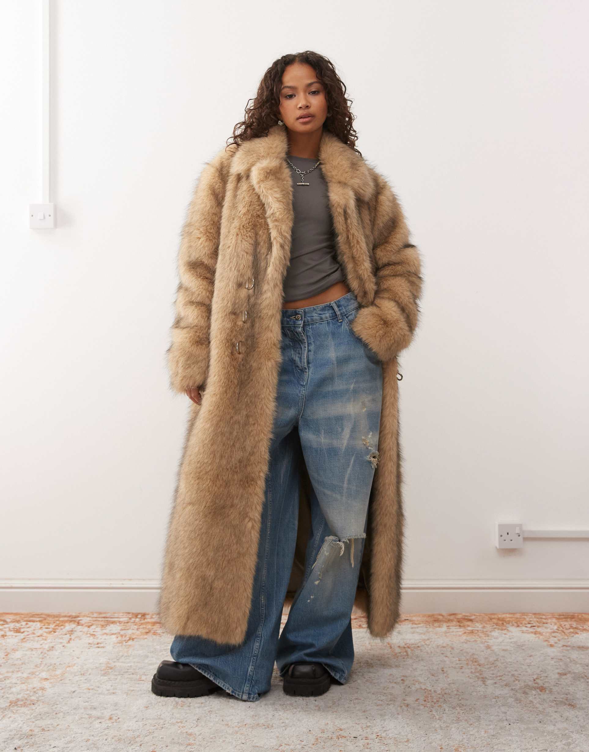 the ragged priest faux fur maxi coat in beige