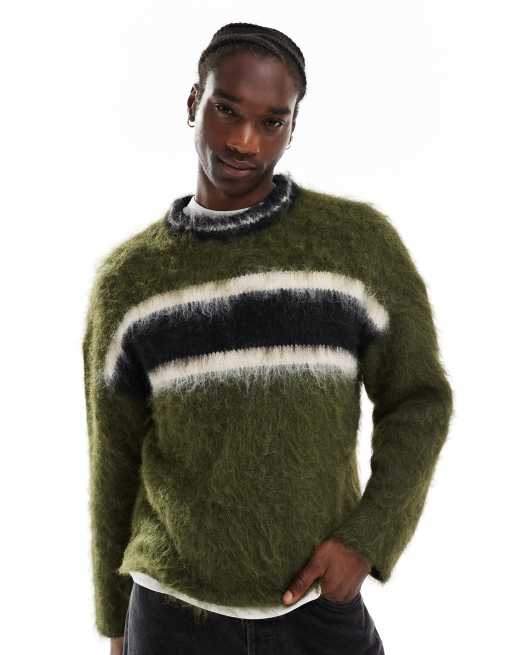 The Ragged Priest faux mohair standard knit jumper with stripe in khaki ASOS