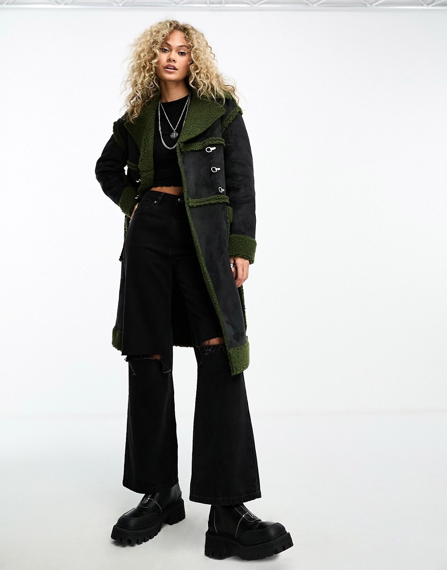 The Ragged Priest faux suede shearling longline coat in green black