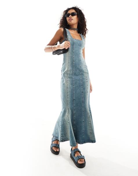 The Ragged Priest fitted 90s maxi denim dress in overdye blue - view 1