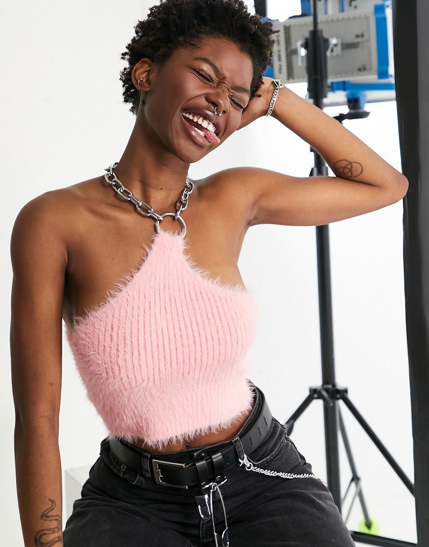 The Ragged Priest fluffy crop top with chain tie neck-Pink