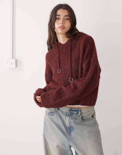 The Ragged Priest fluffy cropped jumper in maroon - view 1