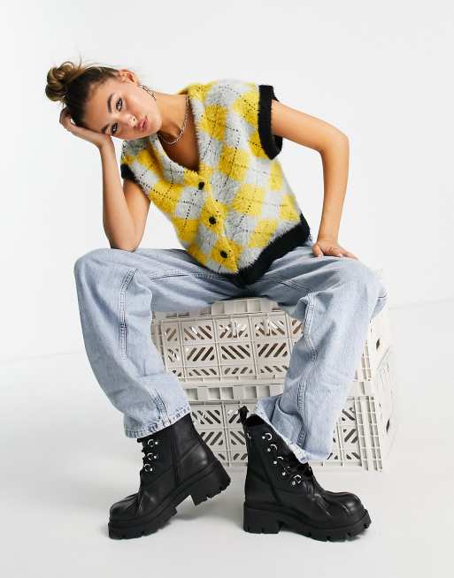 The Ragged Priest fluffy knit argyle button up sweater singlet