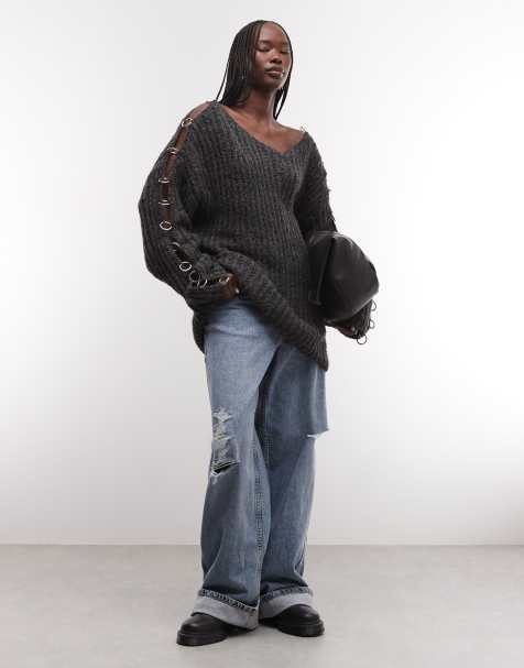 The Ragged Priest fluffy oversized knit jumper with o ring detail in charcoal - view 1