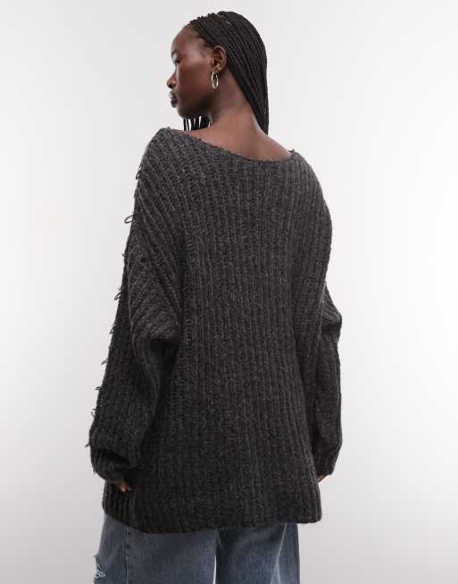 The Ragged Priest fluffy oversized knit jumper with o ring detail in charcoal, 2 of 4