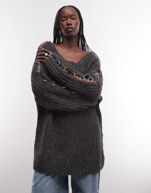 The Ragged Priest fluffy oversized knit jumper with o ring detail in charcoal, 3 of 4