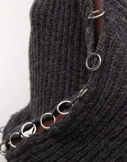 The Ragged Priest fluffy oversized knit jumper with o ring detail in charcoal, 4 of 4