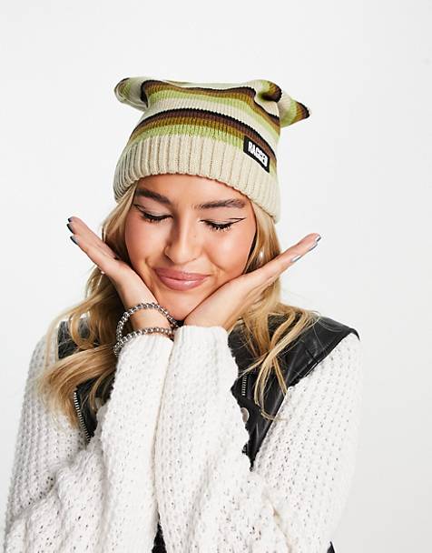 The Ragged Priest fluffy striped square beanie hat in green