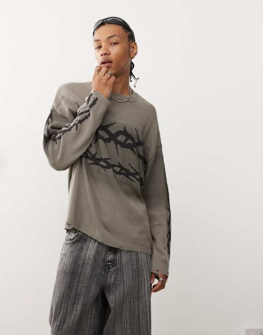 The Ragged Priest gray washed sweater with thorn artwork in gray