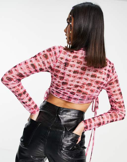 The Ragged Priest high neck ruched long sleeve crop top in eye print mesh, 3 of 4