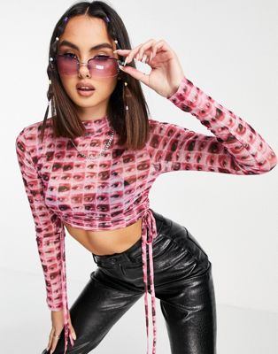 The Ragged Priest high neck ruched long sleeve crop top in eye print mesh