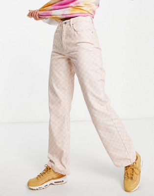 The Ragged Priest high waisted baggy jeans in pink checkerboard