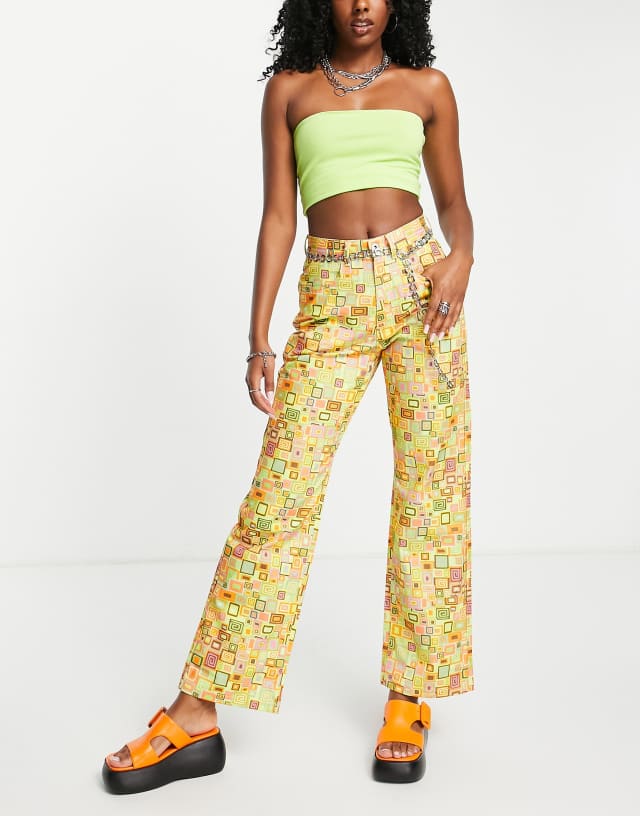 The Ragged Priest high waisted mom pants in retro print with square waist belt