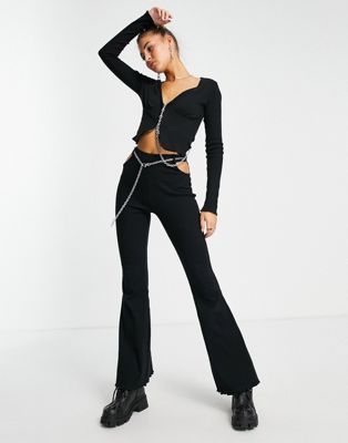 The Ragged Priest high waisted ribbed flares with hip cut outs & chain detail co-ord