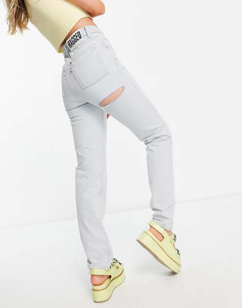 The Ragged Priest high waisted straight leg jeans with bum rip in stone wash - view 1