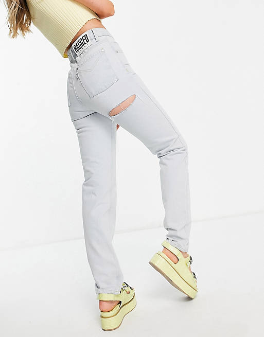 The Ragged Priest high waisted straight leg jeans with bum rip in stone wash