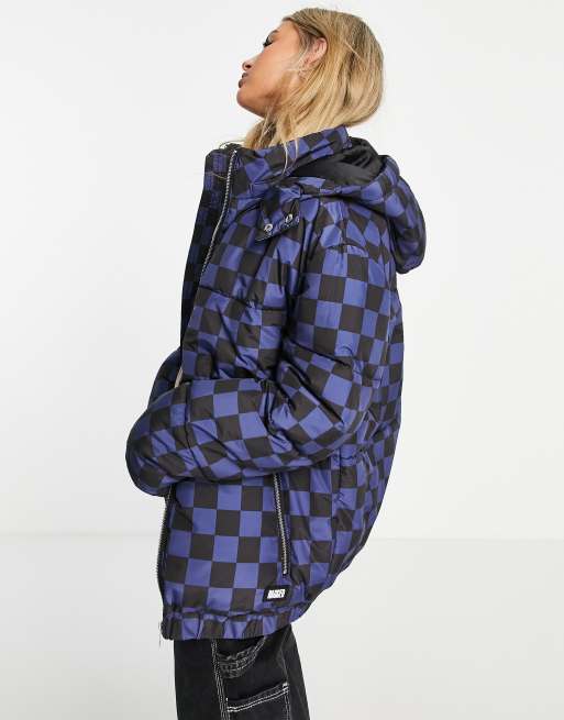 The Ragged Priest hooded puffer jacket in blue and black checkerboard print