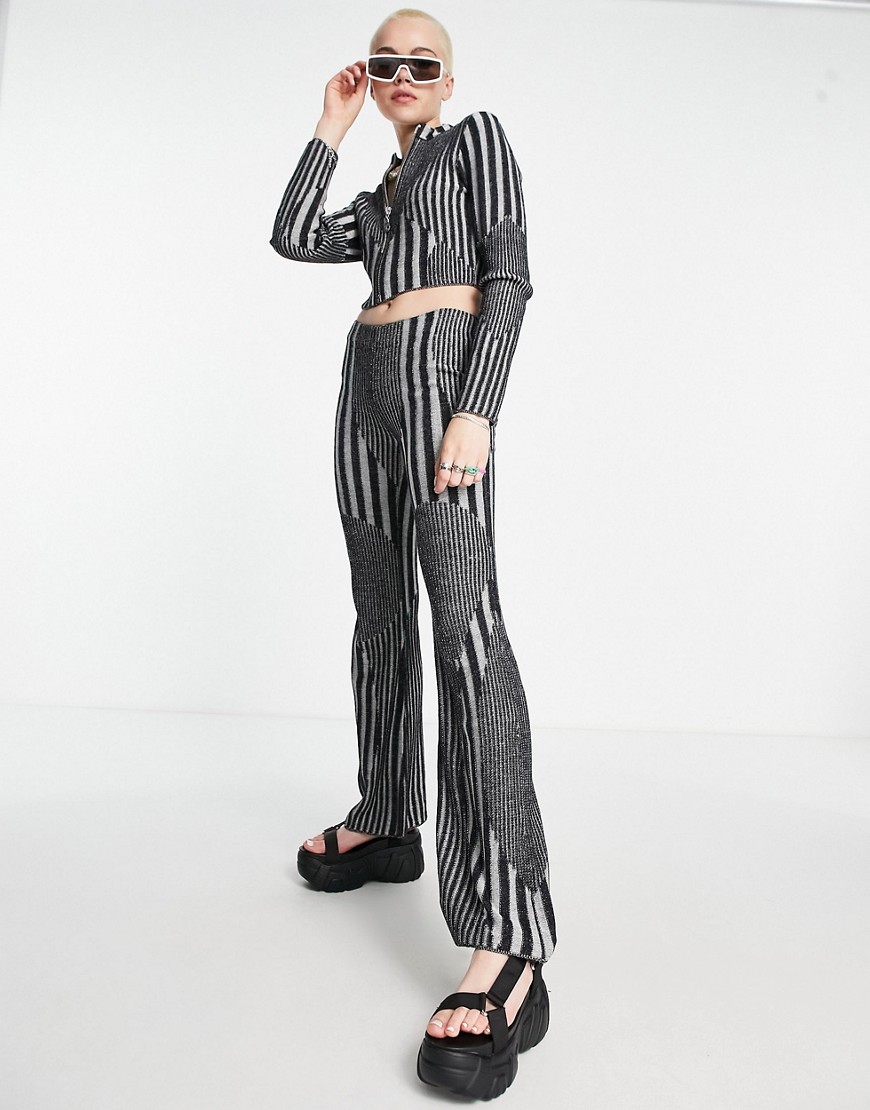 The Ragged Priest knitted mixed stripe flared trouser co-ord in grey-Multi