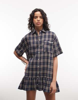 The Ragged Priest - Kurzes Oversize-Hemdkleid in kariertem Blau mit Knopfleiste