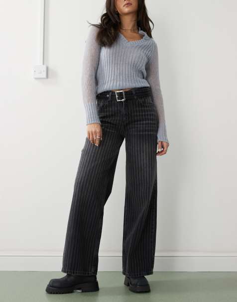 The Ragged Priest laser pinstripe release jean with belt in charcoal stripe - view 1