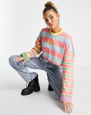 The Ragged Priest long sleeve cropped t-shirt in mix stripe