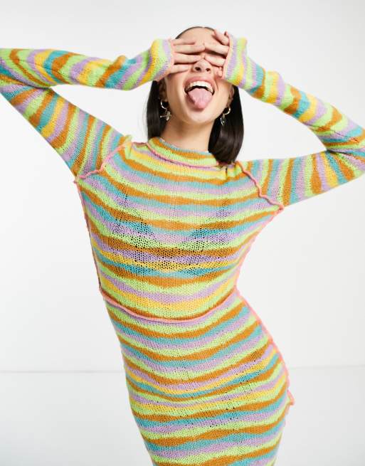 The Ragged Priest long sleeve knit bodycon dress in rainbow stripe