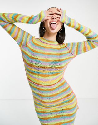 The Ragged Priest long sleeve knitted bodycon dress in rainbow stripe