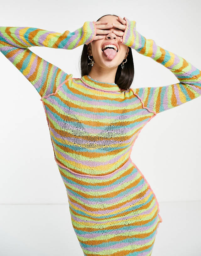 The Ragged Priest - long sleeve knitted bodycon dress in rainbow stripe