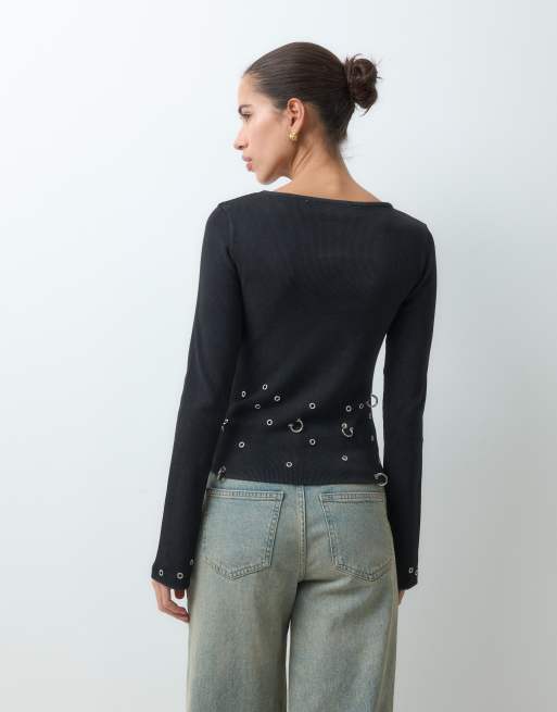 The Ragged Priest long sleeve top with eyelet detailing in black, 5 of 5