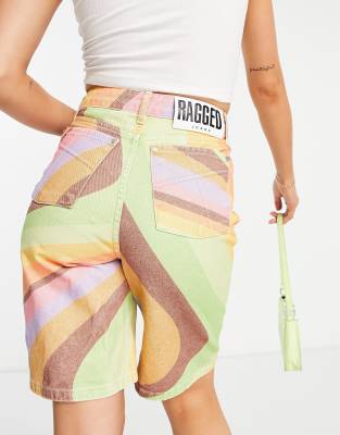 The Ragged Priest longline mom shorts in retro rainbow swirl