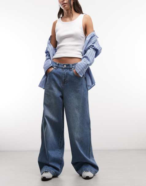 The Ragged Priest low rise baggy jeans with back buckle in dark blue - view 1