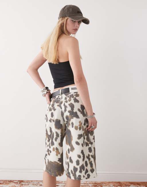 The Ragged Priest low rise baggy jorts in cow print