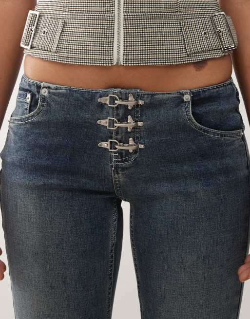 The Ragged Priest low rise buckle detail flare jean in blue, 5 of 5