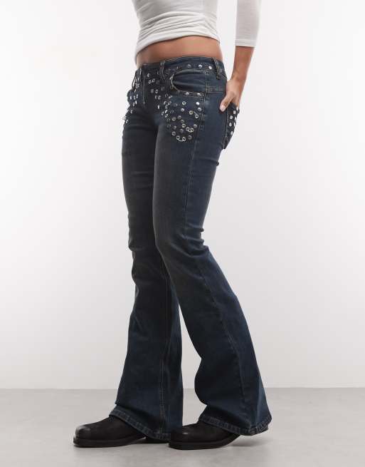 The Ragged Priest low rise flare jean with eyelet detailing in black, 3 of 5