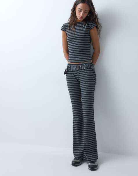 The Ragged Priest low rise jersey flare pant in grey black stripe co-ord - view 1