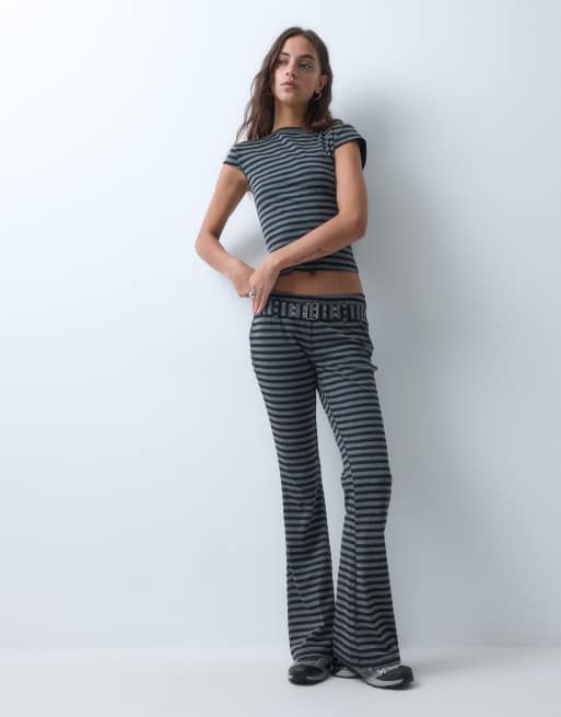 The Ragged Priest low rise jersey flare pant in grey black stripe co-ord, 5 of 5
