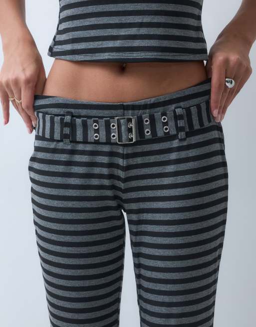 The Ragged Priest low rise jersey flare trouser in grey black stripe co-ord, 3 of 5