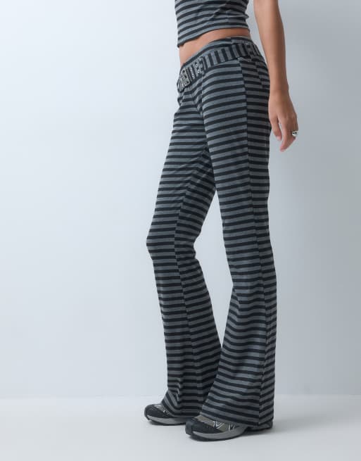 The Ragged Priest low rise jersey flare trouser in grey black stripe co-ord, 4 of 5