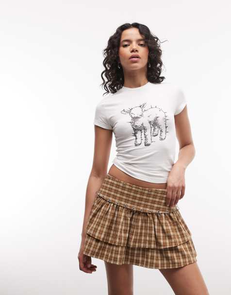 The Ragged Priest low rise ruffle mini skirt with hardware in tan check - view 1