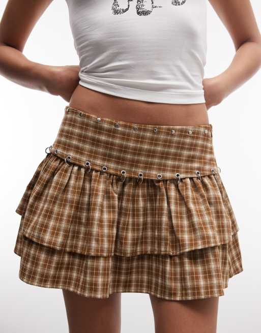 The Ragged Priest low rise ruffle mini skirt with hardware in tan check, 4 of 5