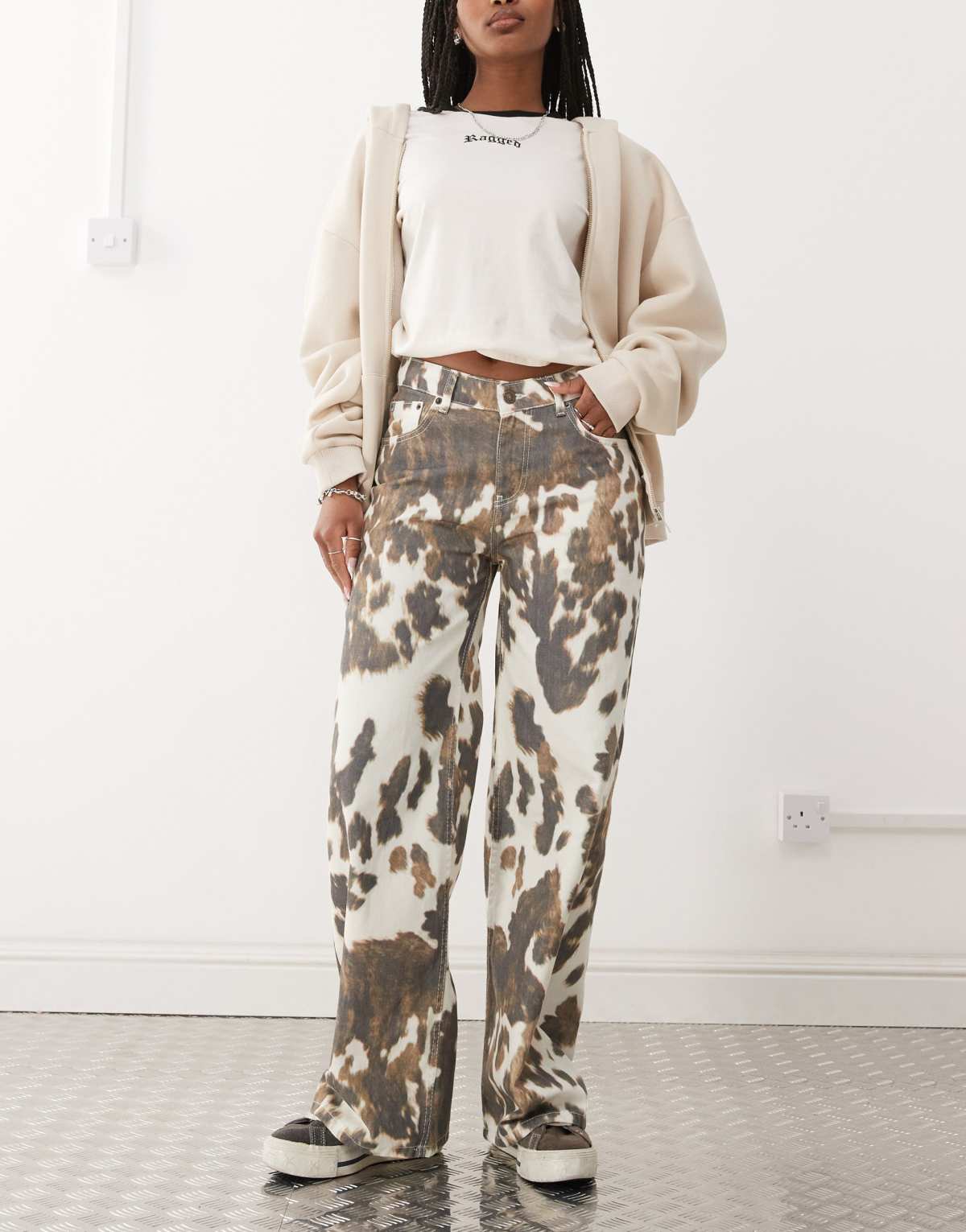 The Ragged Priest low rise straight leg jeans in cow print