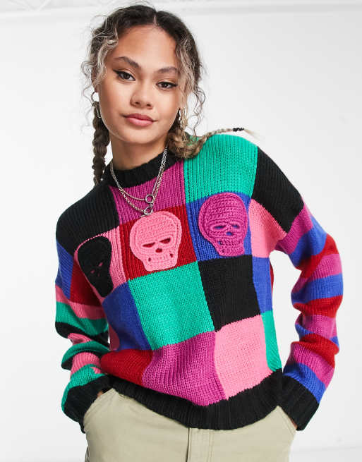 The Ragged Priest - Maglione multicolore con tre teschi intarsiati