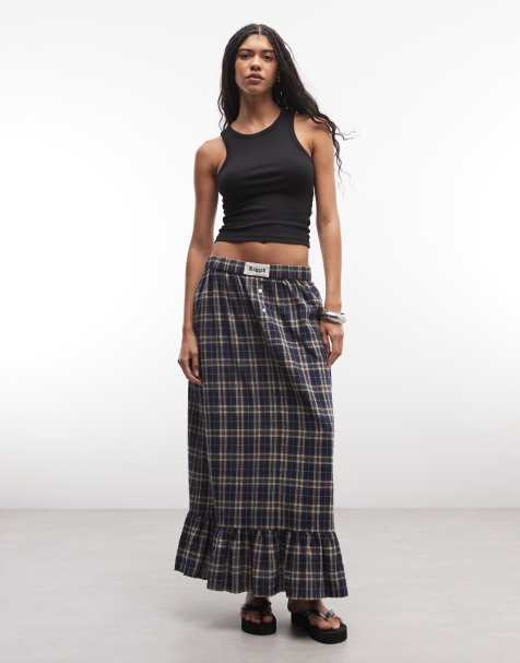The Ragged Priest maxi ruffle hem boxer style skirt in blue check