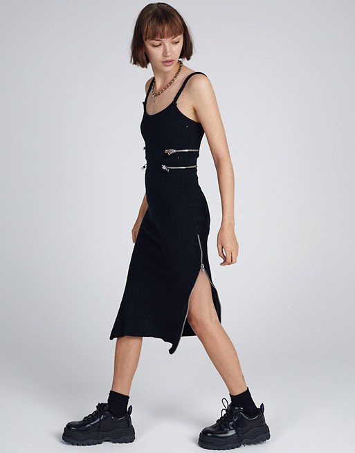 The Ragged Priest midi cami dress with zip cut outs in rib
