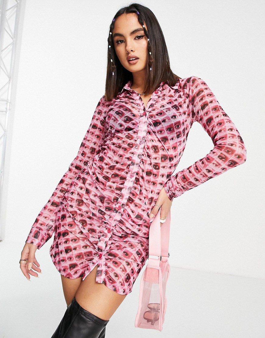 The Ragged Priest mini button front ruched dress in retro eye print-Pink