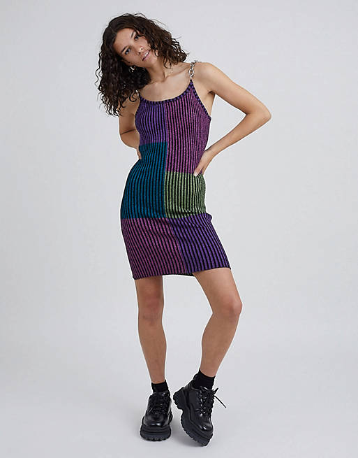 The Ragged Priest mini dress in patchwork glitter stripe with chain straps