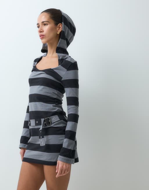 The Ragged Priest mini hooded stripe jersey dress with belt in grey and black stripe, 2 of 5