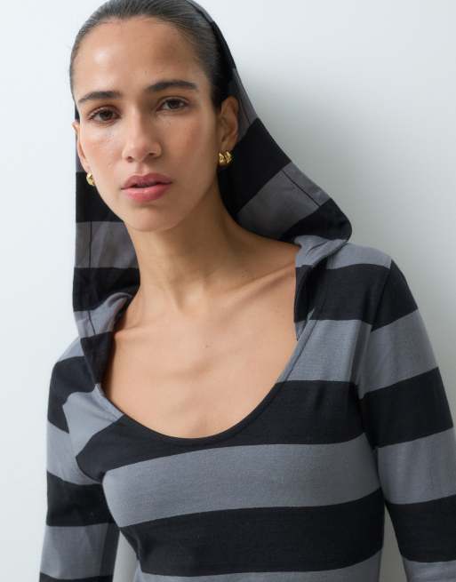 The Ragged Priest mini hooded stripe jersey dress with belt in grey and black stripe, 3 of 5