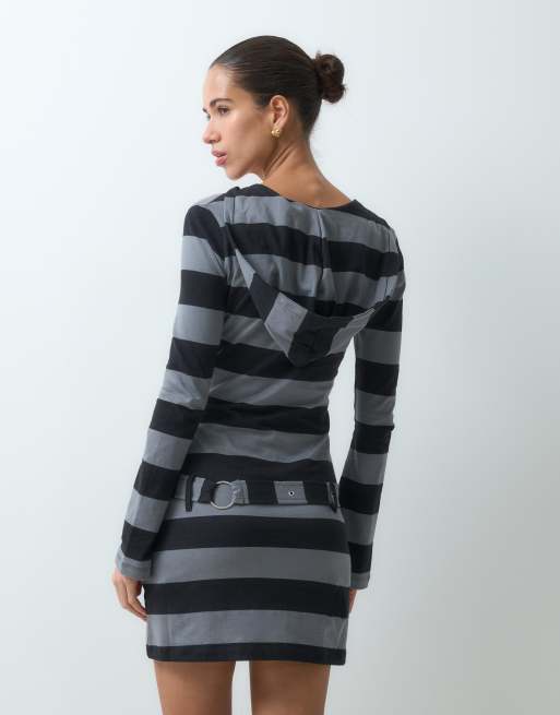 The Ragged Priest mini hooded stripe jersey dress with belt in grey and black stripe, 5 of 5